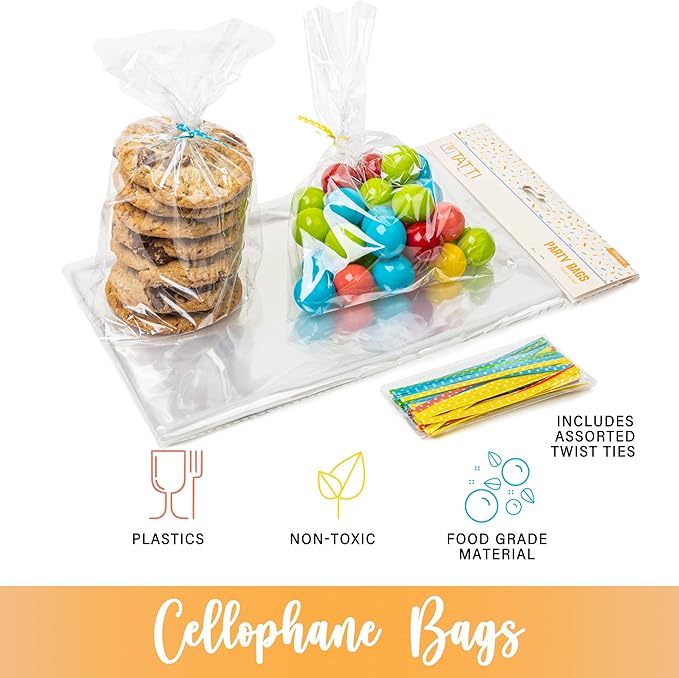 TATTI 100 Pack Clear Cellophane Bags for Favors - Transparent Goodie Bags for Birthday Party, 6x10 Inch Clear Bags with 5-Inch Twist Ties - Candy, Treat, Cookie Bags for Gift Giving
