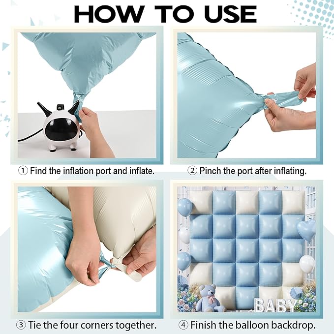 Baby Blue White Square Foil Balloons Wall, 25PCS Dusty Blue and Pastel Cream Square Balloons Backdrop, Double Sided Tunnel Arch Background for Boho Baby Shower Boys Men Birthdays Wedding Bridal