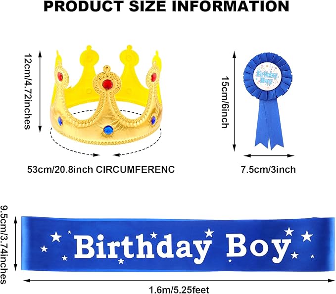 WILLBOND Birthday King Crown, Birthday Sash and Button Pins Party Accessory Set for Boys Kids Party Decorations