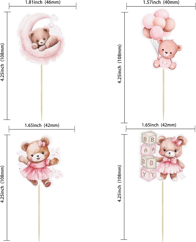 Gyufise 32Pcs Baby Shower Bear Cupcake Toppers Moon Baby Bear Baby Shower Cake Topper Decorations Jungle Animal Theme Birthday Party Cake Supplies Blue Pink