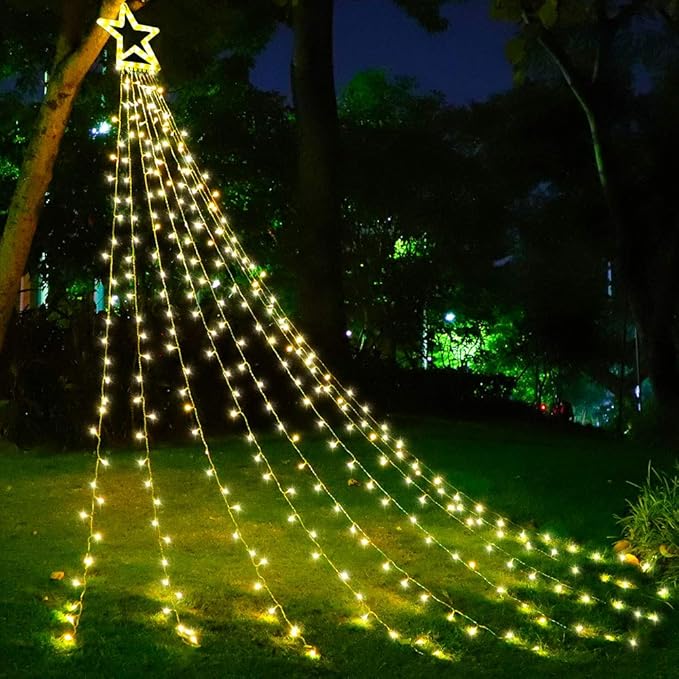 Christmas Decorations Outdoor, 11.5 ft 317 LED Star Christmas Tree Lights, 8 Memory Lighting Modes&Timer Star Light for Yard, Wedding, Party, Decorations（Warm
