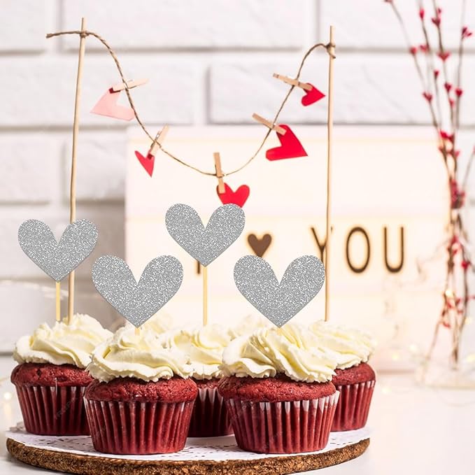 24Pcs Glitter Heart Cupcake Toppers for Valentine's Day Decorations, Mixed Size Double-Sided Heart Valentine's Day Cupcake Toppers for Wedding Bridal Shower Party Decorations (Silver)
