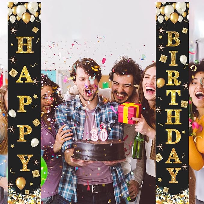 Black Gold Happy Birthday Banner Decorations, Happy Birthday Door Banner Porch Sign Wall Hanging For Outdoor Indoor For Men Women Boys And Girls Birthday Party Decor Supplies