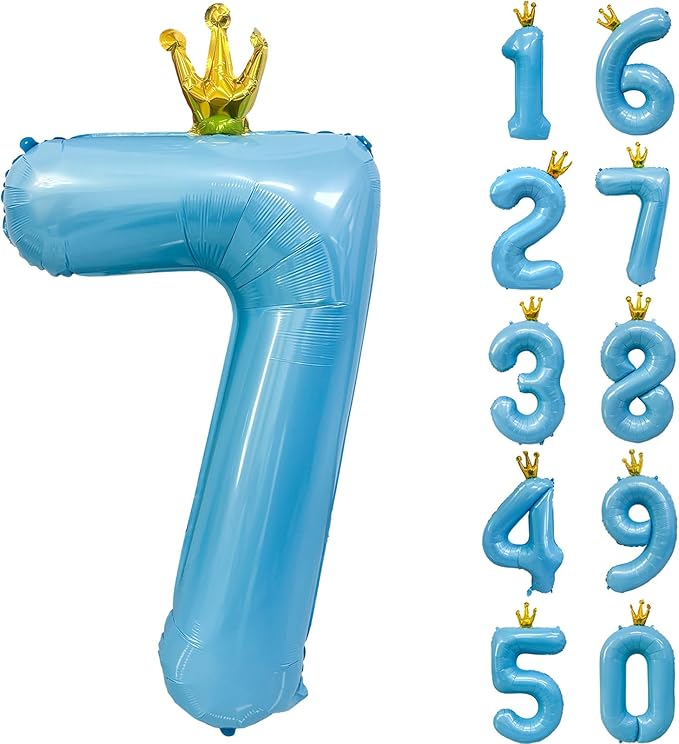 Blue Number 7 Balloon with Crown, 40 inch Blue Number Balloon 7th Birthday Party Decoration BlueCrown Balloons 0-9 for Birthday Party Anniversary Decorations Supplies