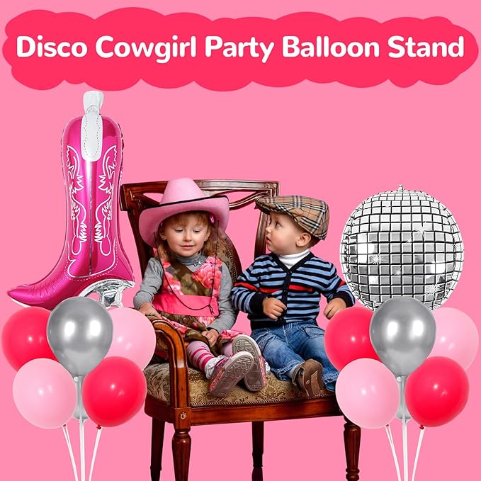 Pink Cowgirl Party Balloons Stand Kit 2 Sets With 2 Boot 4D Disco Ball Foil Balloons Silver Hot Pink Balloon Centerpiece for Tables for Last Rodeo Bachelorette Party Cowboy Western Themed Decorations