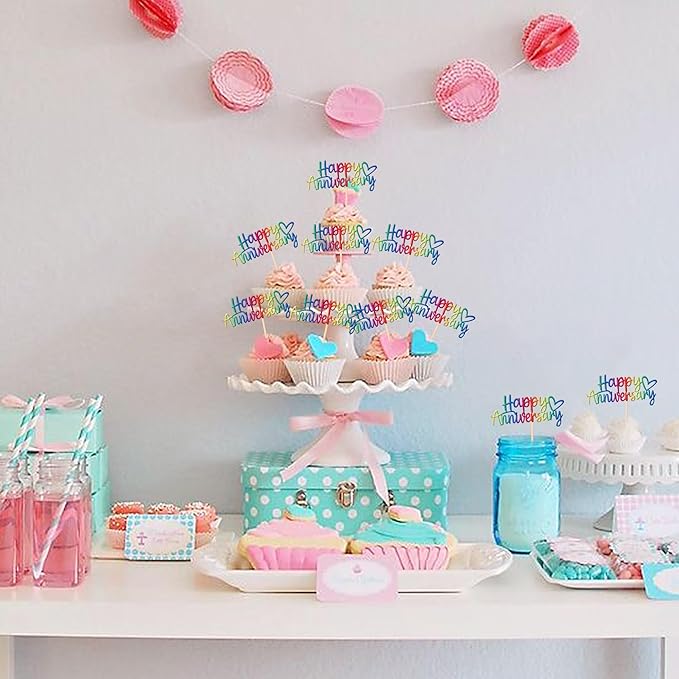 24 PCS Happy Anniversary Cupcake Toppers - Glitter Wedding Picks, Decorations for Baby Shower, Birthday Party Cake - Colorful Supplies