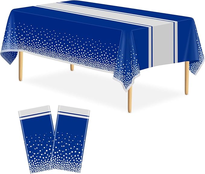 2 Pack Blue and Silver Tablecloth Party Decorations Plastic Blue Tablecloth Printed Silver Table Runner 54 x108 Inch Disposable Rectangle Table Cover for Birthday Wedding Graduation