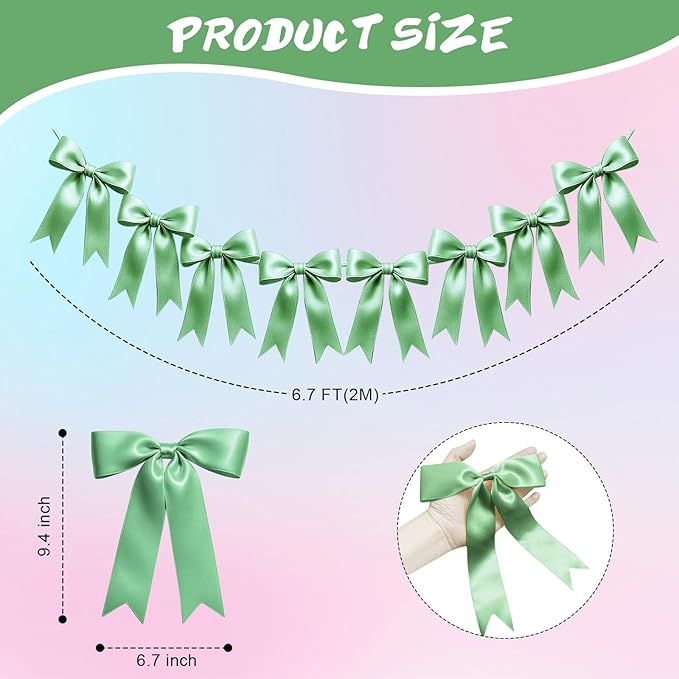 1 String of 8PCS Sage Green Bow Garland Banner Decoration,Pre-Strung Satin Ribbon Ornaments for Birthday,Bachelorette Party,Bridal Shower,Wedding,Engagement,Baby Shower,Graduation Decor,Anniversary