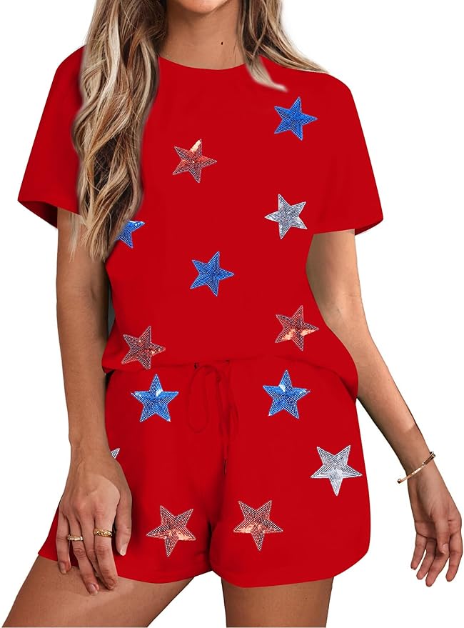VILOVE 4th of July 2 Piece Sequin Outfits Women 250 Anniversary Usa Shirts and Short Sets Casual Patriotic Shirt Summer Set