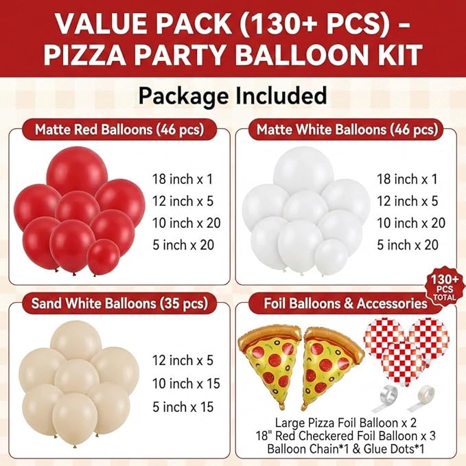 132PCS Pizza Party Balloon Arch Kit, Red White Sand White Latex & Gingham Checkered Foil Balloons with Pizza Foil Mylar for Italian Theme Birthday Baby Shower Christmas New Year Decorations