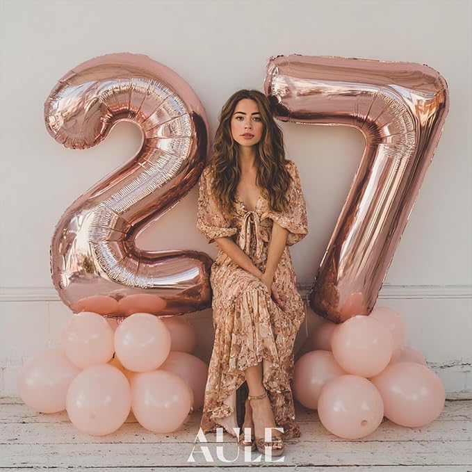AULE 40 Inch Large 27 Balloon Numbers Rose Gold Big Foil Number Balloons Giant Helium Happy 27th Birthday Party Decorations fo Women Huge Mylar 72 Anniversary Supplies