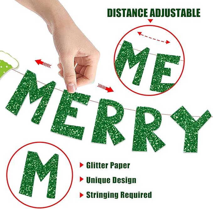 Christmas Decorations Party Banners Indoor, Glittery Christmas Decor Banner, Red Green Banner for Home Fireplace Decor