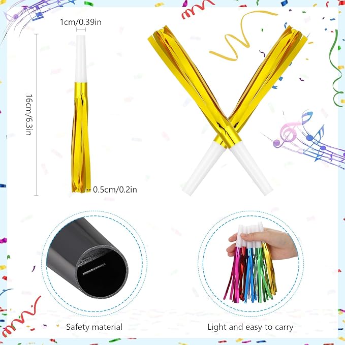 30 Pcs Gold Noise Makers, Party Blowers, Metallic Fringed Party Horns for New Year Party Favor Supplies, Gold White