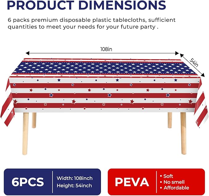 6 Pack Patriotic Disposable Plastic Tablecloth 54" x 108" Memorial Themed Party Table Cloths Disposable for 6 to 8 Foot Tables Independence Day Party Indoor or Outdoor (American Flag)