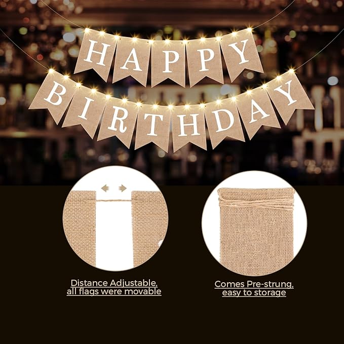Breling 2 Pieces Burlap Happy Birthday Banner Flags Decor and 2 Pieces Mini LED Fairy Lights Battery Rustic Banner Garland Bunting for Adult Women Men Birthday Party Baby Shower Fireplace Supplies