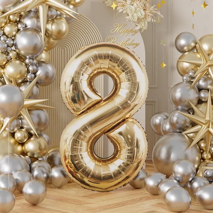 AULE 40 Inch Large 8 Balloon Numbers Light Gold, Big Foil Number Balloons, Giant Helium Happy Birthday Party Decorations for Man and Women, Huge Mylar Anniversary Party Supplies