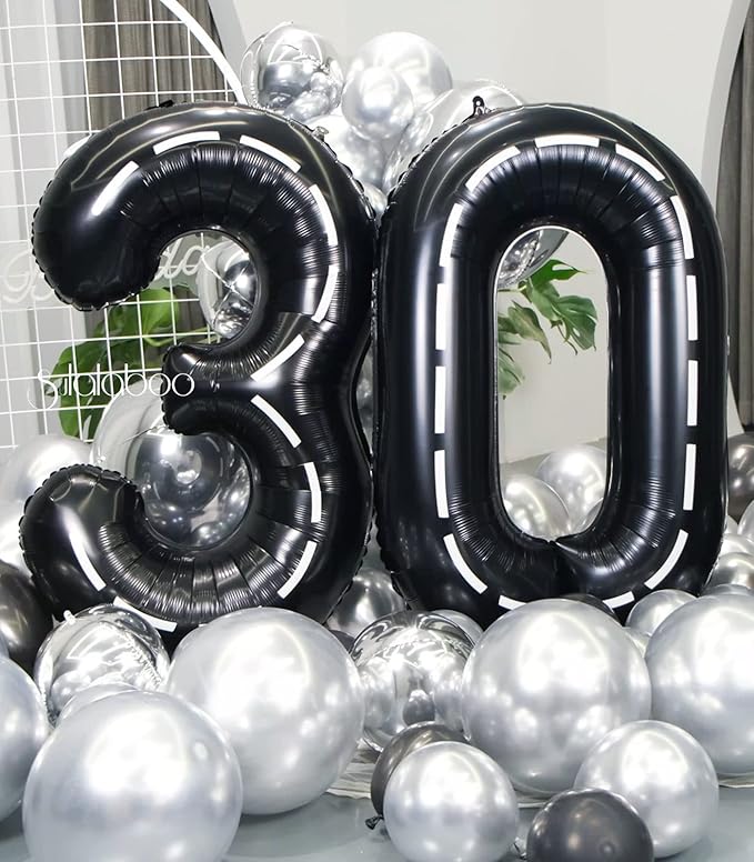 Race Car 40Inch Black 30 Balloon Number Large Helium Race Track 0-9 Giant Digital 30th Foil Mylar Big Party Number Balloons for Boy Birthday Car Theme Party Anniversary Graduation Decorations
