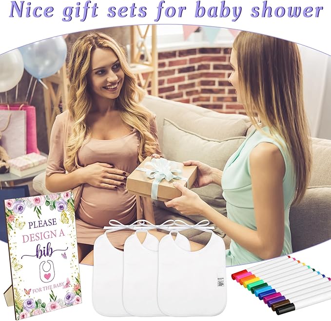 50 Pcs Baby Shower Game White Bib Kit Include 1 Wooden Baby Shower Game Sign 25 DIY Blank White Bibs 24 Colorful Markers(Butterfly)