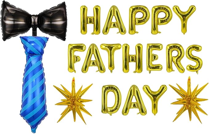 Gold Happy Fathers Day Balloons Foil Father's Day Balloons Tie Necktie Balloon Letter Bow Star Balloon for Happy Father's Day Themed Party Fathers Day Supplies Decorations Ballons Sets-19 PCS