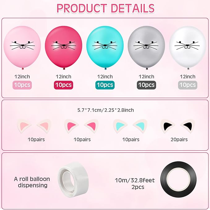 50 Pieces 12 Inch Cat Balloons Party Latex Kitty DIY Animal for Birthday Party with Ears Cat Kids Balloons for Girls Supplies, 5 Colors