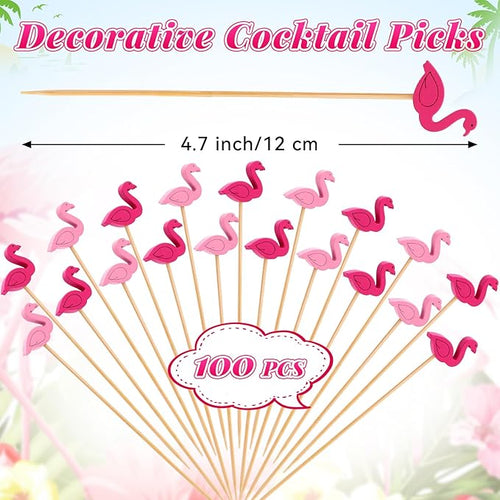 100 Pcs Flamingo Toothpicks, 4.72 Inch Flamingo Toothpicks for Appetizers, Long Bamboo Toothpicks, Decorative Toothpicks Skewers for Luau Hawaii Beach Holiday Party Decorations (Flamingo)
