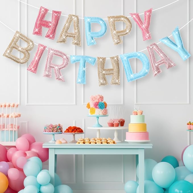 Tegeme Felt Happy Birthday Banner, Pre-strung Glitter Pastel Happy Birthday Garland Reusable Mini Colorful Rainbow Decoration for Woman, Man Party Photo Prop