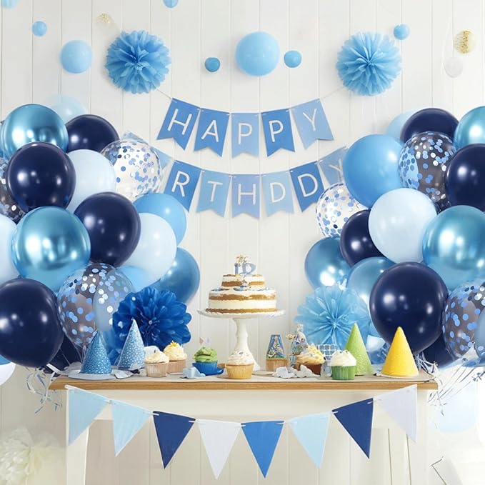 Blue Confetic Balloons Set,50 Pcs 12 Inch Navy Light Metallic Blue Balloon Kit Pastel Pale Blue Latex Balloon with Ribbon for Birthday Wedding Graduation Anniversary Party Decorations