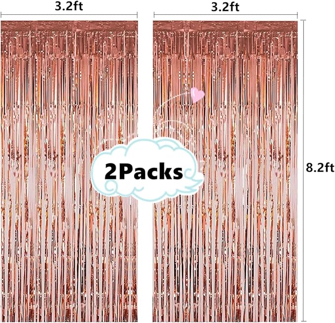 2 Pcs 3.2ft x 8.2ft Shiny Rose Gold Metallic Tinsel Foil Fringe Curtains Photo Booth Backdrop for Birthday Wedding Holiday Celebration Bachelorette Party Decorations