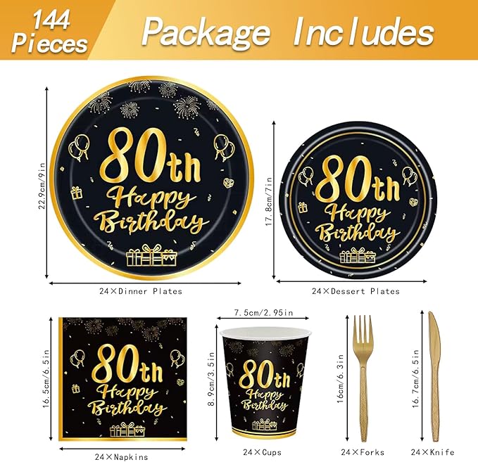 144PCS 80th Birthday Plates and Napkins Birthday Party Supplies 80th Birthday Party Decorations for Men Women Disposable Party Tableware Including Paper Plates Napkins Cups Forks Serve 24