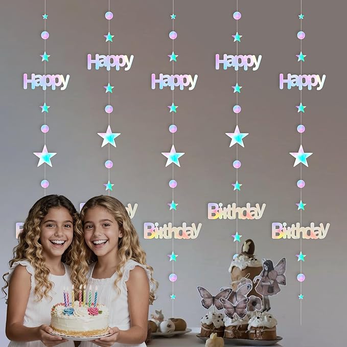 Happy Birthday Banner, Birthday Decorations for Girls & Women, Iridescent Holographic Circle Dot Star Garland Sign Hanging Bunting Streamers Party Backdrop Decor, Aurora Rainbow Effects