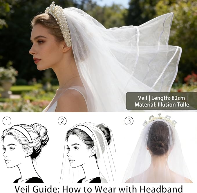 9 Pcs Bachelorette Accessories for Bride, Bachelorette Party Decorations, Bachelorette Party Veils for Bride, Includes Pearl Headband, Sash, Veil, Gloves, for Wedding, Bachelorette Party