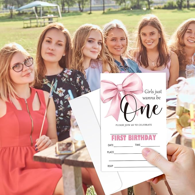 Pink Bow First Birthday Invites Cards Party Invitation Cards for Girls Kids Adults Party Invitations 4x6 Inch Invitations with Envelopes 20 Pcs Double Sided Invitation Card for Girls 1st Birthday YT82