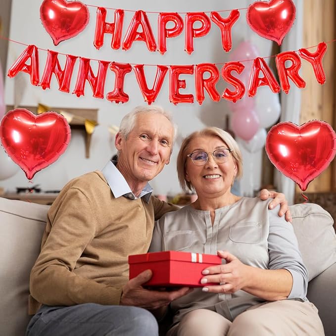 2 Set 16 Inch Happy Anniversary Balloons Letters Banner, Happy Anniversary Decorations, Happy Anniversary Balloons Sign for Valentines Day/Wedding Anniversary Party Decorations (Red Happy Anniversary)