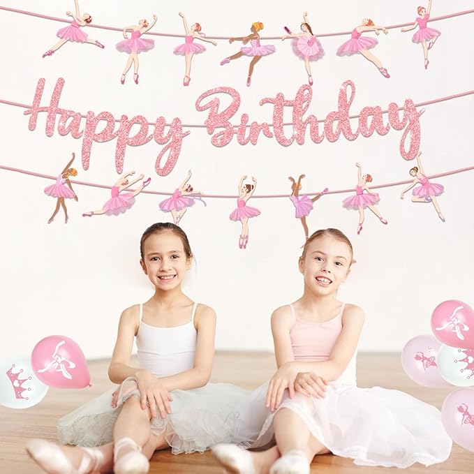 25Pcs Ballerina Birthday Party Decorations Pink Ballet Girls Happy Birthday Banners Pink White Latex Balloons Star and Heart Foil Balloons Baby Shower Party Supplie