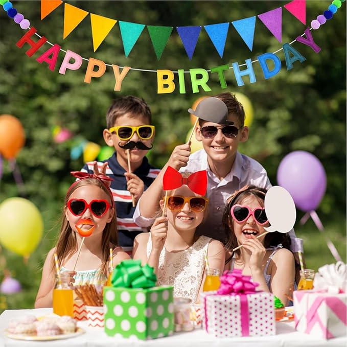Pre-Strung 3D Happy Birthday Banner - Felt Ball Garland Happy Birthday Banner, Multicolor Rainbow Triangle Flags Reusable Party Decorations
