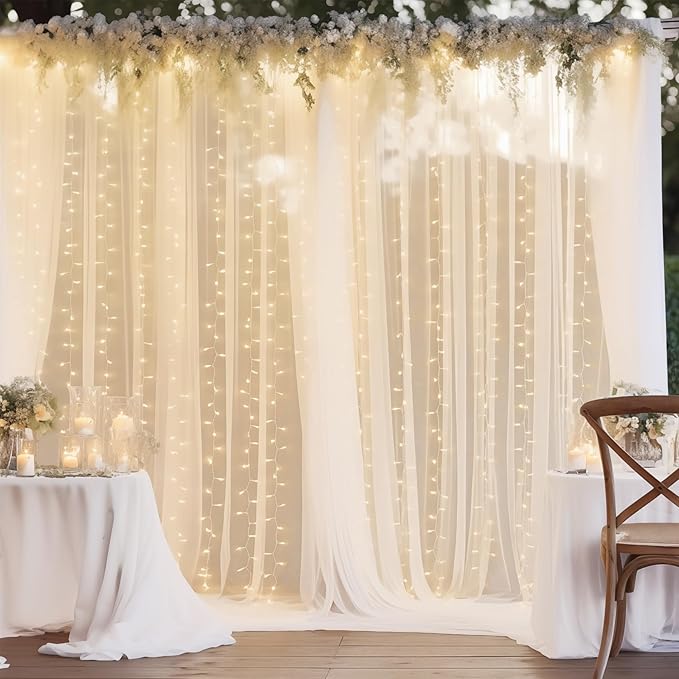 20×10ft White Tulle Backdrop Curtain with Lights String for Parties, Sheer Photo Backdrop Curtains for Wedding Ceremony Birthday Party Bridal Shower Decoration