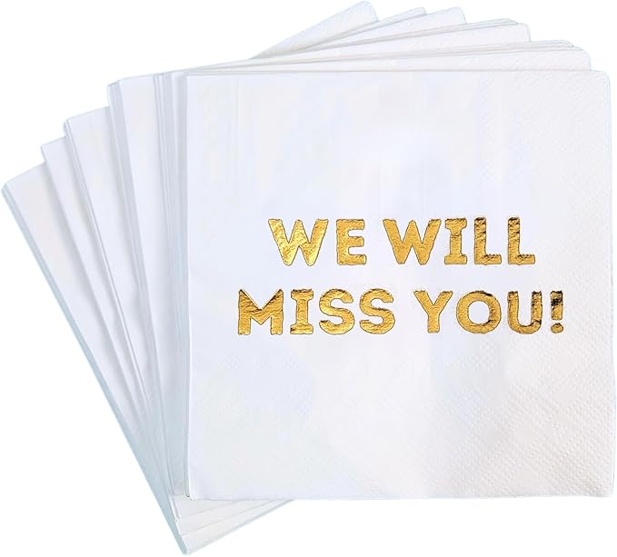 We Will Miss You Cocktail Napkins - 50 Pack White - Farewell, Going Away, Retirement Party Decorations Supplies, Coworkers Leaving Goodbye, Military Army Good Luck, Moving Celebrations