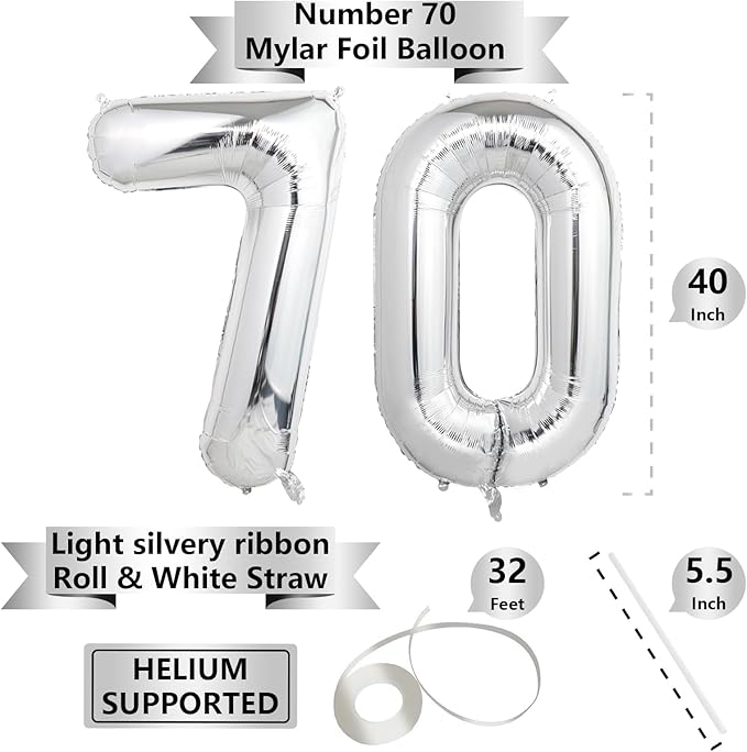 Number Balloons Silver Party Balloon - Giant Number 70 Balloon, 40 Inch Large Balloon for 70th Birthday Decorations, Silver Party Supplies for Anniversary