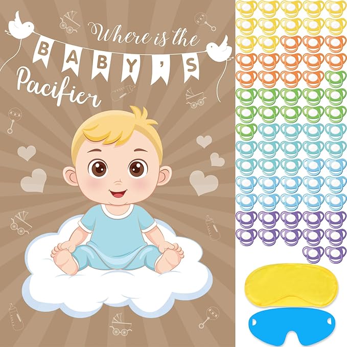 Hxezoc Baby Shower Game Pin The Pacifier On The Baby with 72 Pcs Pacifier Stickers, Large Baby Party Games Poster for Boys Kids Baby Shower Birthday Party Supplies
