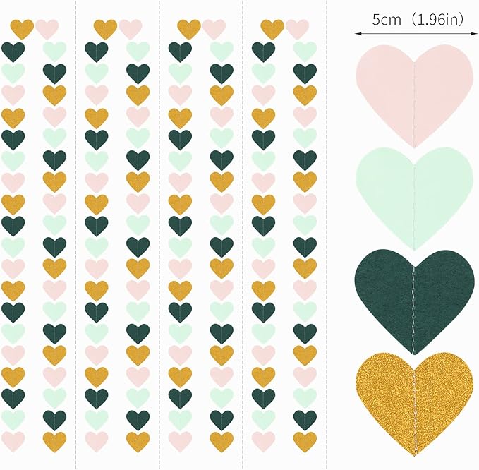 Sage-Green Mint Pink-Gold Love-Heart Garland - 52Ft Rustic Wedding Hanging Decoration Streamers Banner,Valentines Mothers Day Bachelorette Bridal Shower Engagement Party Bunting Lasting Surprise