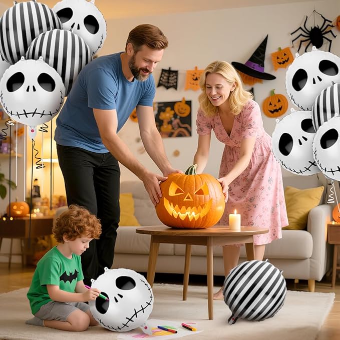 12 PCS Halloween Skull Foil Black and White Striped Balloons(18 Inch) Nightmare Honor Theme Birthday Party Decorations Spooky Ghost Skeleton Cat Baby Shower Day of The Dead Indoor Outdoor Decor