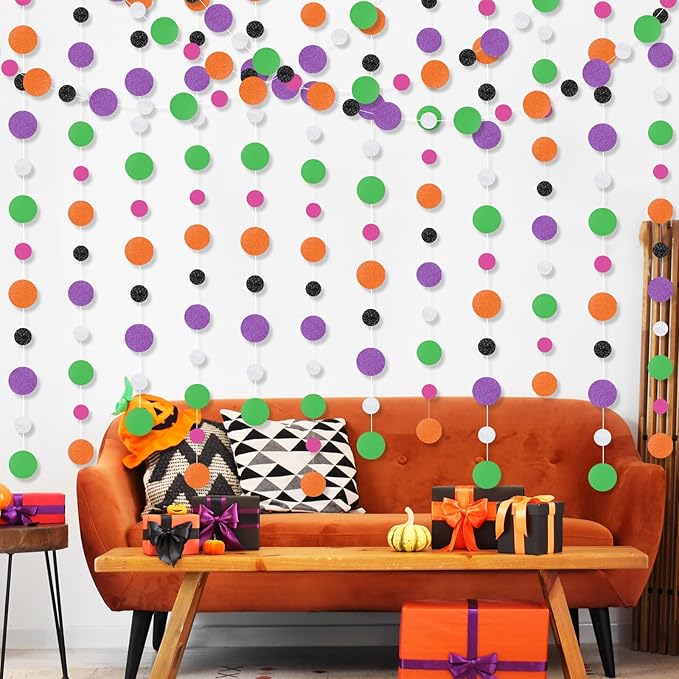 Outus 5 Pieces Orange,Black,Purple,Green,White Round Dots Garland Easter Graduation Party Hanging Decor Each Length 13.1ft Glitter Paper Dot Streamers for Birthday Wedding Classroom