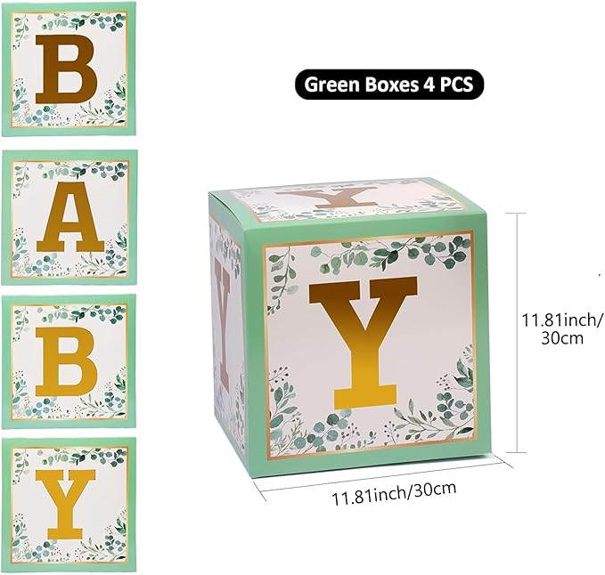Sage Green Baby Boxes with Letters for Baby Shower, 4pcs Safari Baby Shower Decorations for Boys and Girl Balloon Boxes Gender Reveal Party Favors