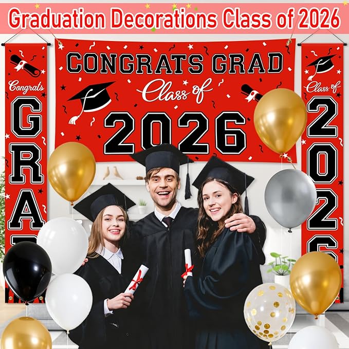WOHOHOHO 23Pcs Graduation Decorations 2026 Set, Red Porch Door Sign GRAD Banner, Class of 2026 Backdrop, 5 Colors Large Balloons, Hanging Party Supplies for High School College Indoor Outdoor Decor