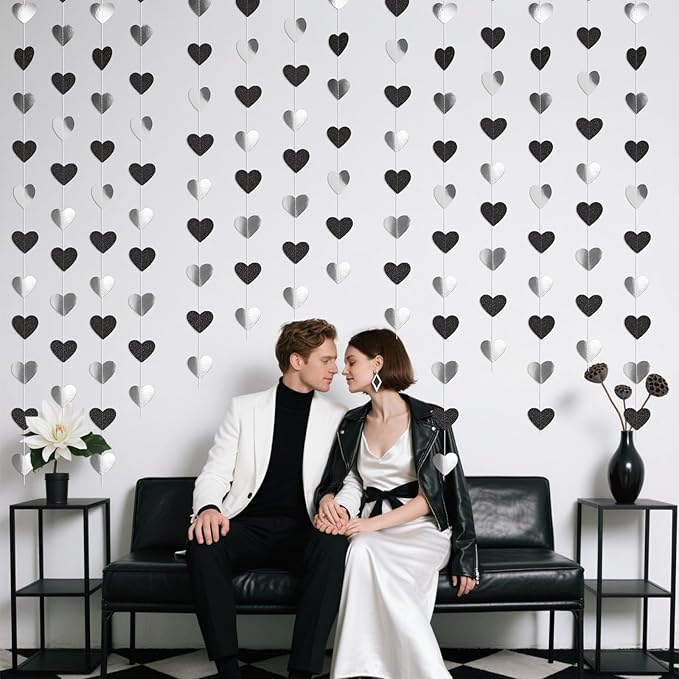 GCQQ Black White Silver Party Decorations - 52FT Black Glitter Heart Garland 4 Pack Paper Birthday Hanging Streamer Garlands for Valentine's Day Wedding Engagement Anniversary Bachelorette Party Decor