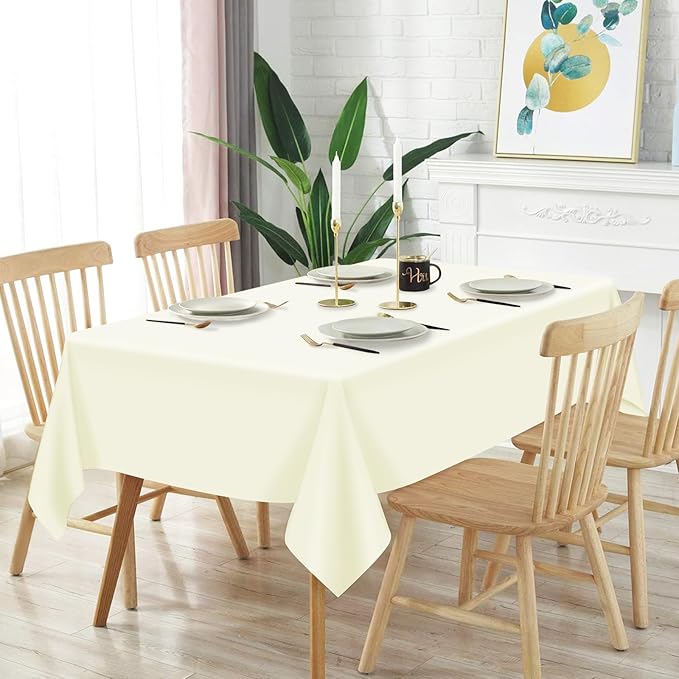 Mulbozy 2 Pcs Ivory Plastic Tablecloth for Rectangle Table, 54 × 108 inches Disposable Ivory Party Table Covers for Birthday, Anniversary, Wedding, Fine Dining, Graduation Party Decoration