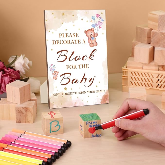 Baby Shower Games Sign Kit with 50 Blank Wooden Baby Blocks, 24 Acrylic Paint Marker and Wooden Sign, Blocks for Baby Shower Games, Gender Reveals Party(Bear)
