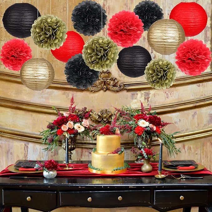zilue Red and Black Party Decorations, Paper Lanterns and Pom Poms Flowers for Birthday Party New Years Retirement Decor Pack of 15 Pieces