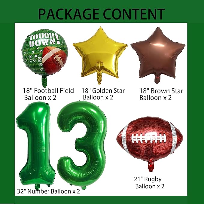 Football Birthday Decorations - 13th Birthday Balloon Rugby Gold Brown Star Rugby Field Touchdown Sports Theme Party Supplies - 10Pcs