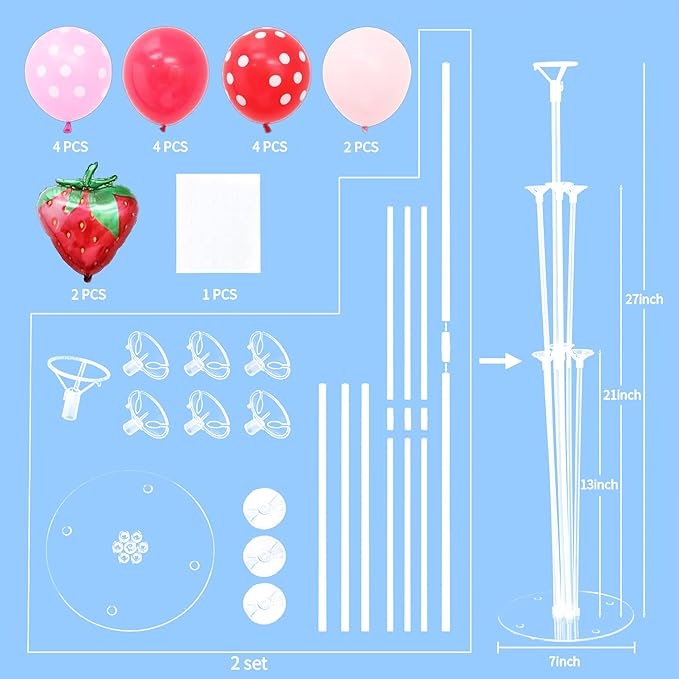 Strawberry Balloon Stand for Table Centerpiece Stand Kit 2 Sets with 2 Strawberry Foil Balloons and 14 Latex Pastel Balloons for Strawberry Themed Birthday Party Decorations